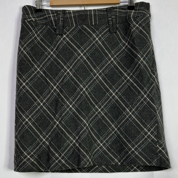 Wool Blend Plaid Lined Venezia Skirt in Charcoal Cream Light Blue Side Closure - Picture 2 of 6